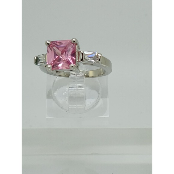 Pink Princess Cut Three Stone Ring Silver Tone Baguette Side Stones Size 9 - Picture 5 of 10